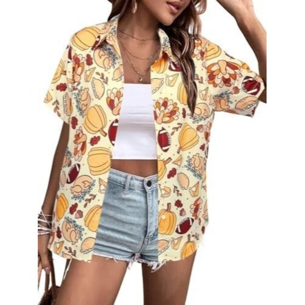 Thanksgiving Women's Button Up Shirt Turkey NWT  Short Sleeve Football Size S